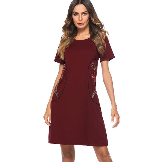 Nice-forever Causal Rockabilly Round Neck Embroidery vestidos Short Sleeve Work Women Straight Shift Dress T034