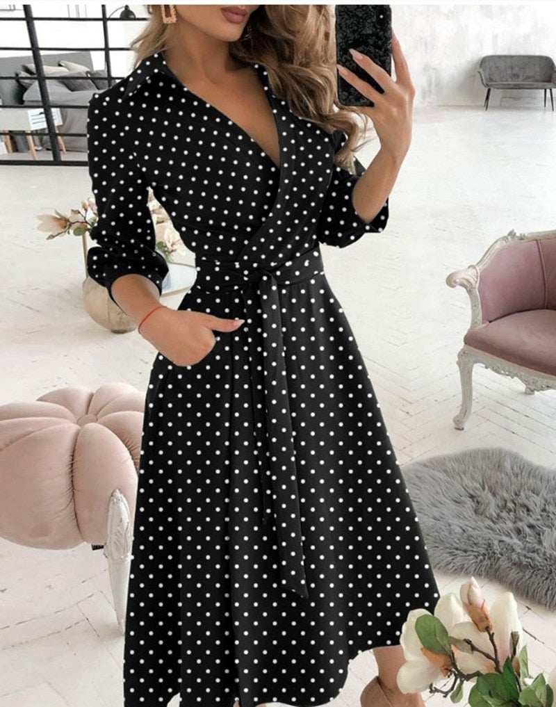 Office Lady Large Size Bridesmaid Dress 2021 Vestido Feminino Long Sleeve Autumn Lapel V-neck Print Solid Womens Formal Dresses