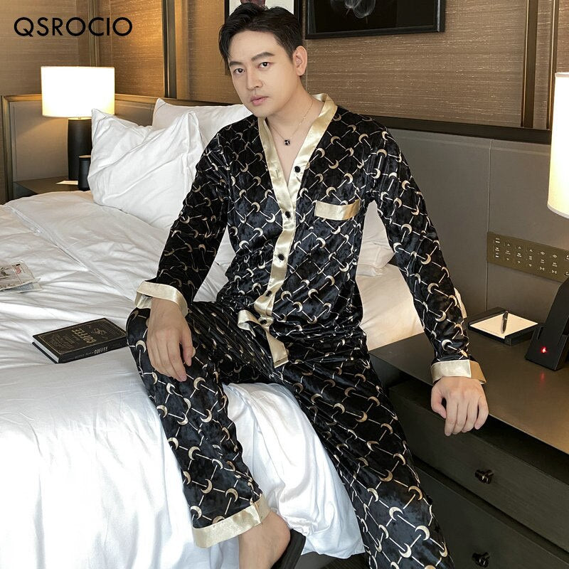 QSROCIO High Quality Women's Pajamas Set Velvet Sleepwear Moon Print Casual Homewear Men Nightwear Luxury Couple Pyjamas Femme