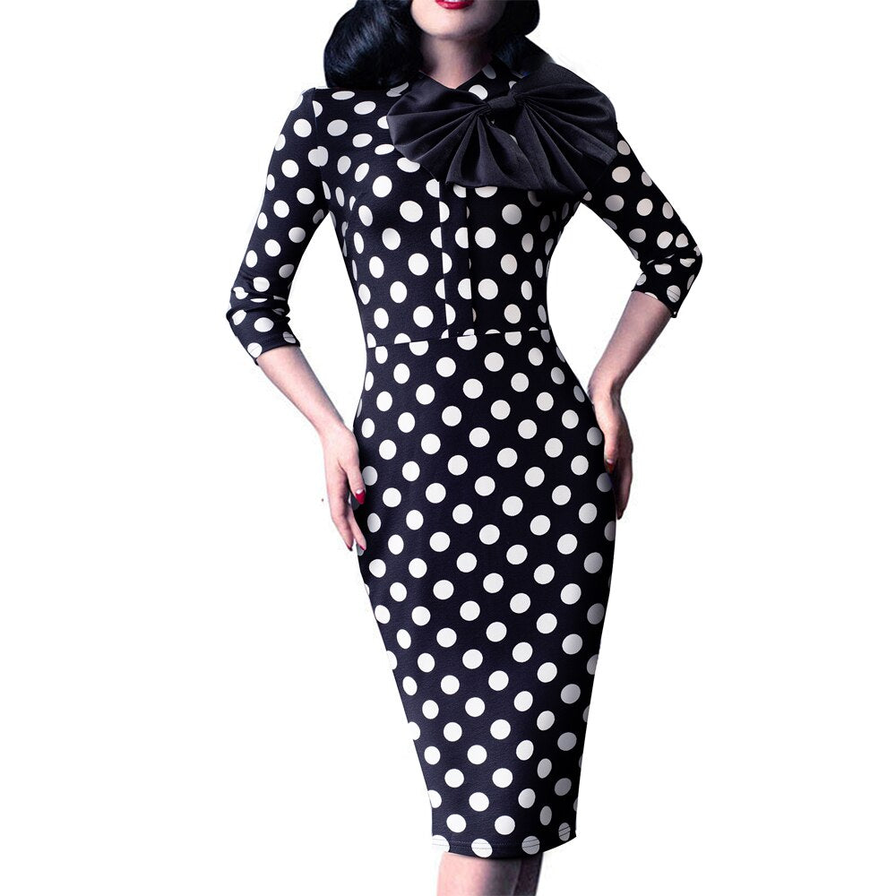 Nice-forever Spring Women Vintage Polka Dots with Bow Dresses Office Business Bodycon Sheath Dress B244