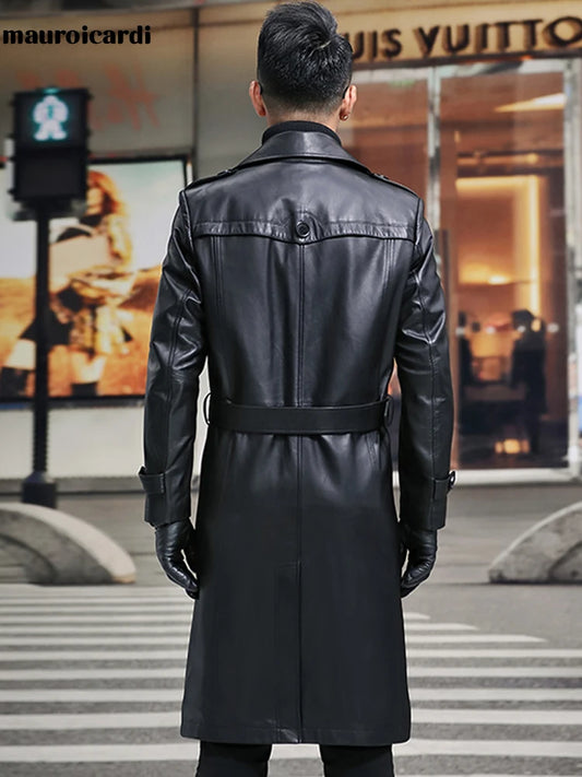 Mauroicardi Spring Long Smart Black Waterproof Leather Trench Coat Men ...