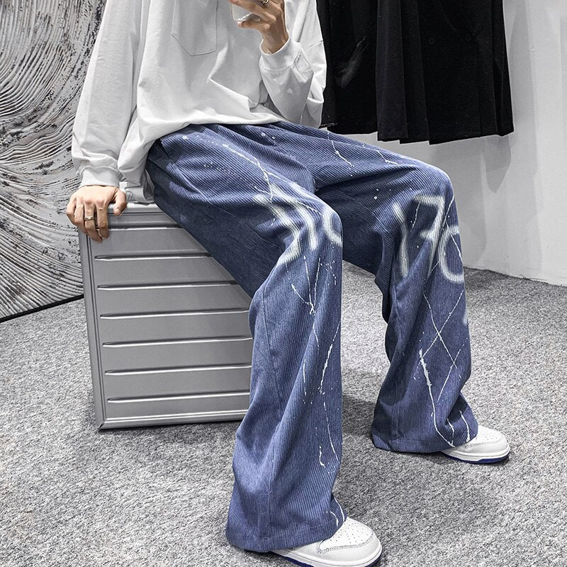 Graffiti Corduroy Pants Mens Autumn Winter New Casual Trousers Male Drawstring Sweatpants Streetwear Fashion Hip Hop Pants