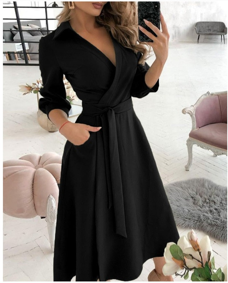 Office Lady Large Size Bridesmaid Dress 2021 Vestido Feminino Long Sleeve Autumn Lapel V-neck Print Solid Womens Formal Dresses