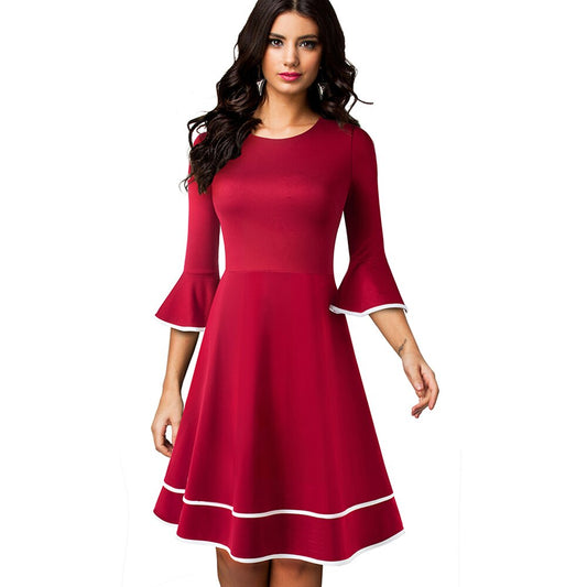 Nice-forever Autumn Solid Color with Flare Sleeve Retro A-Line Dresses Christmas Party Swing Women Dress A233