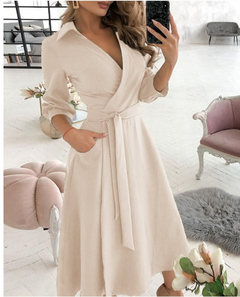 Office Lady Large Size Bridesmaid Dress 2021 Vestido Feminino Long Sleeve Autumn Lapel V-neck Print Solid Womens Formal Dresses