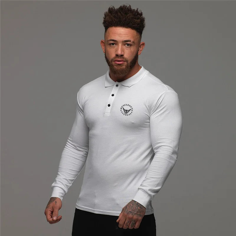 Muscleguys Autumn Fashion Polo Shirt Men Long Sleeve Slim Fit Turn Colla Poloshirt Casual Mens Gym Sportswear Polo T Shirt