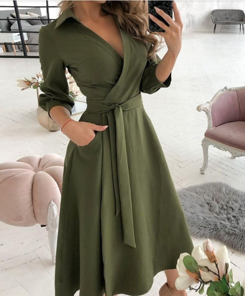 Office Lady Large Size Bridesmaid Dress 2021 Vestido Feminino Long Sleeve Autumn Lapel V-neck Print Solid Womens Formal Dresses