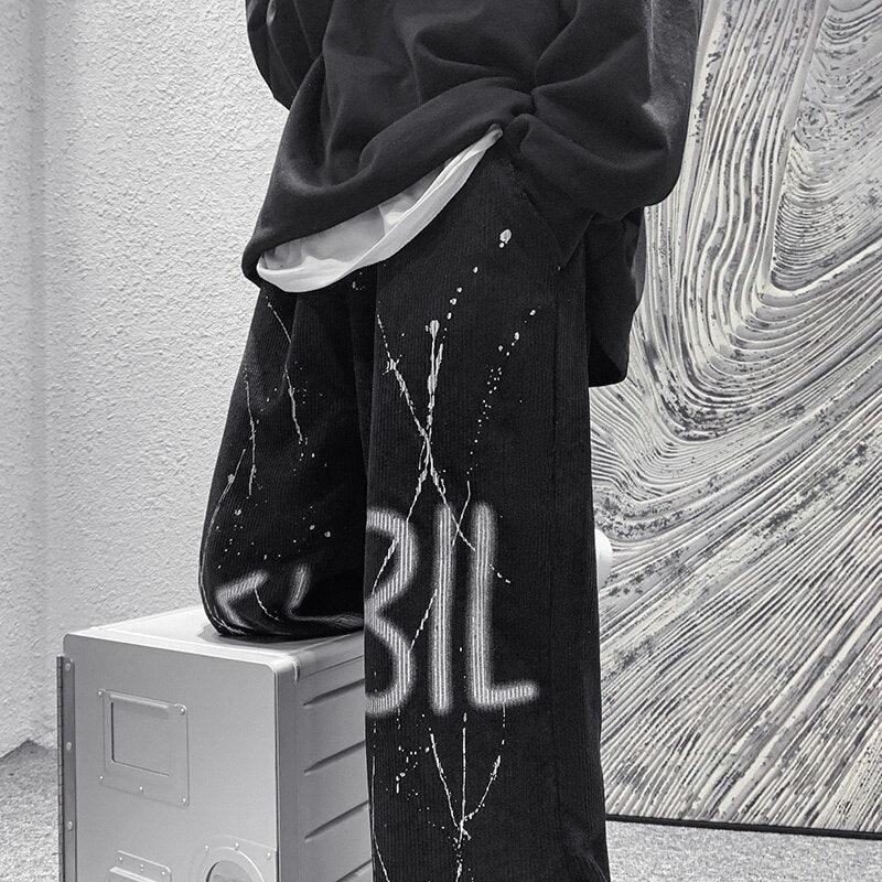 Graffiti Corduroy Pants Mens Autumn Winter New Casual Trousers Male Drawstring Sweatpants Streetwear Fashion Hip Hop Pants