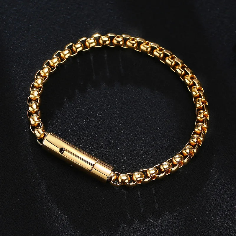 Men Bracelet,Round Box Chain Bracelet,Stainless Steel Rounded Boxs Link Simple Layering Stacking Jewelry,