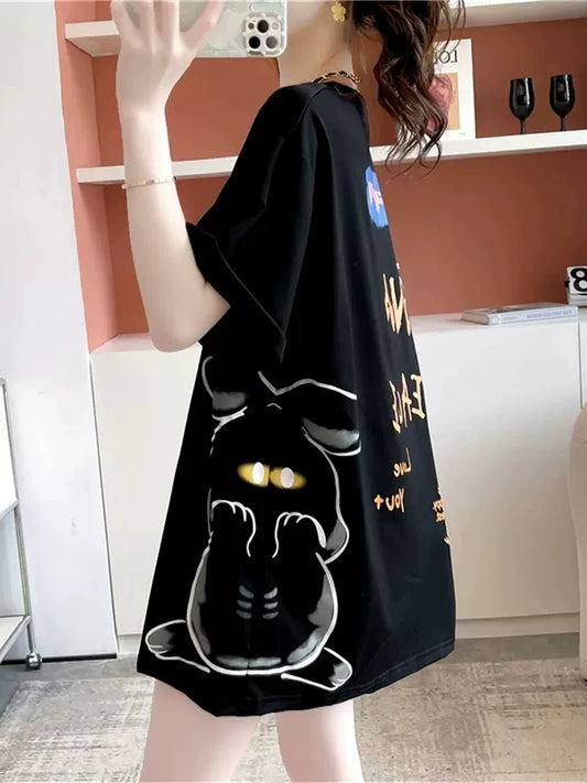 Pure Cotton Short-Sleeved T-shirt High Street Mid Length Long Length All-Match Loose T-shirt European Goods Large Version Cartoon Rabbit Top Trendy Women