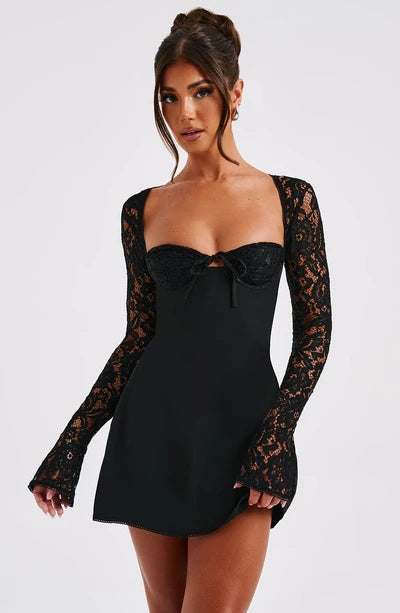 Sexy Lace Sleeve Slim Looking Dress Backless Lace up