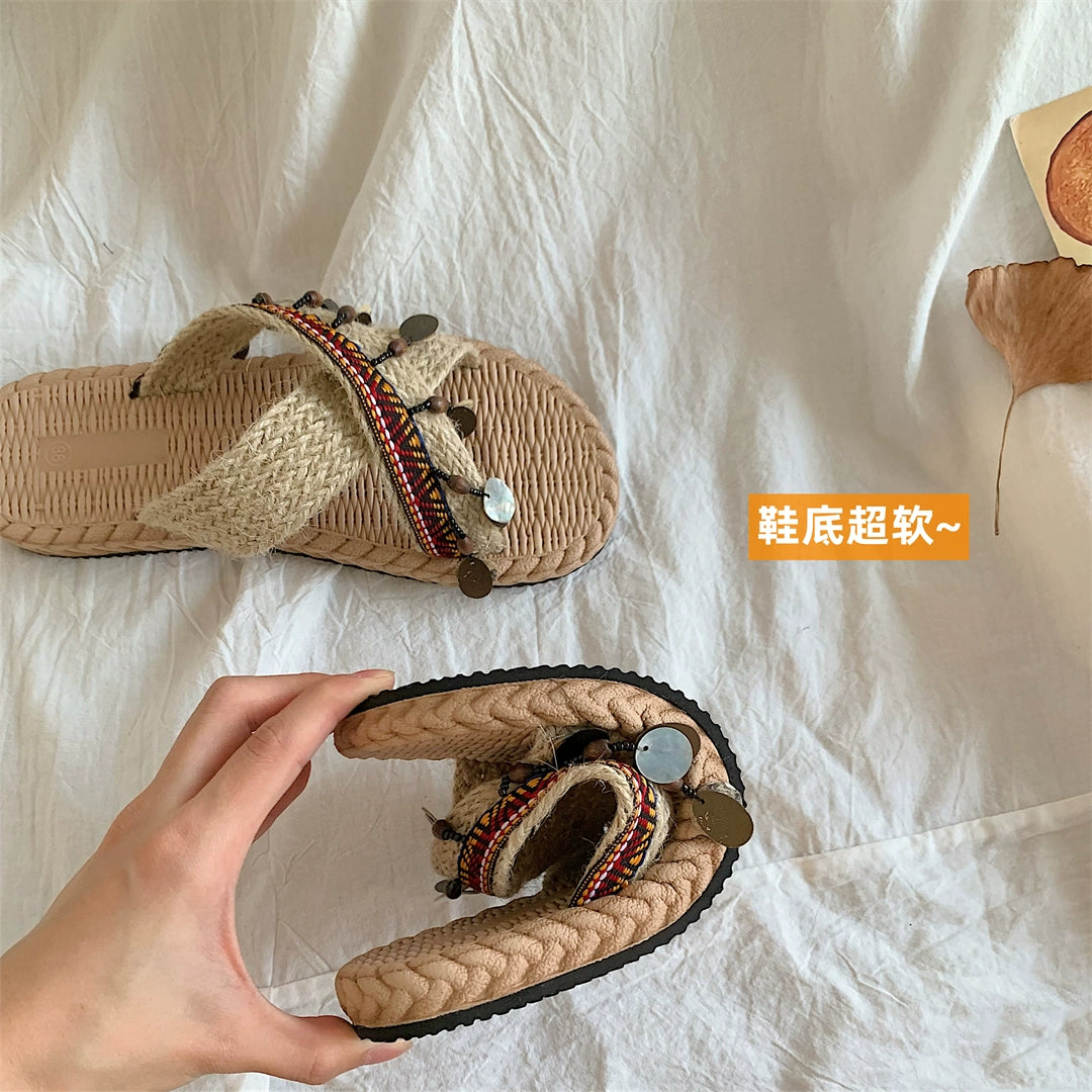 INS Handmade Thai Style Woven Beach Slippers Women's Summer Outdoor 2024 New Vacation Ethnic Style Sandals