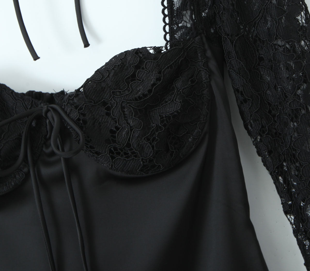 Sexy Lace Sleeve Slim Looking Dress Backless Lace up