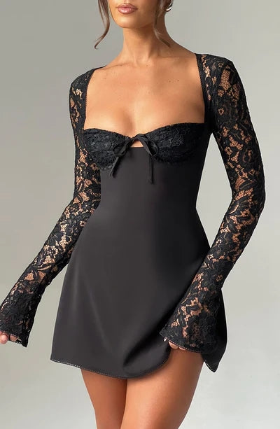 Sexy Lace Sleeve Slim Looking Dress Backless Lace up
