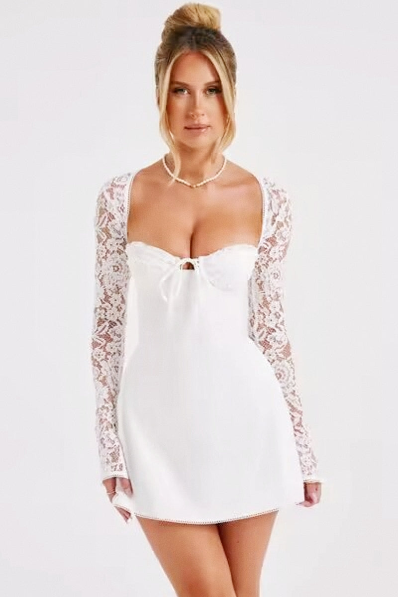 Sexy Lace Sleeve Slim Looking Dress Backless Lace up