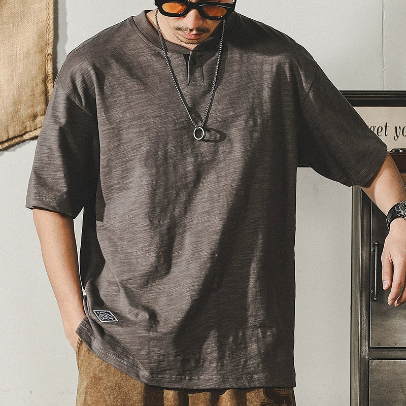 Jereno Retro Slub Plain Tough Guy Short Sleeve T-shirt