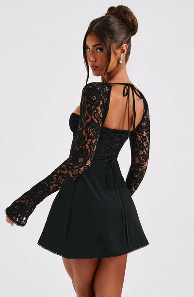 Sexy Lace Sleeve Slim Looking Dress Backless Lace up