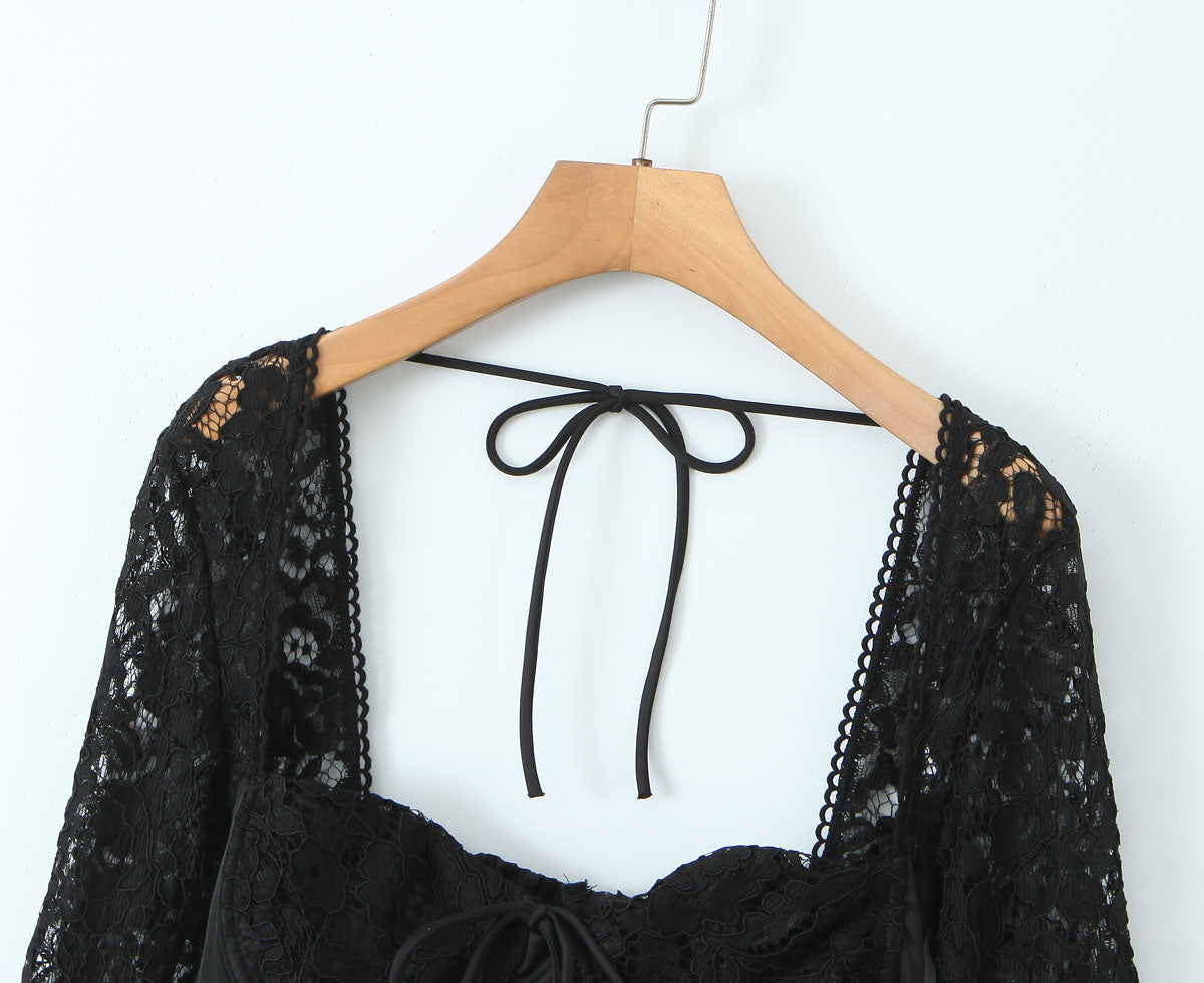 Sexy Lace Sleeve Slim Looking Dress Backless Lace up