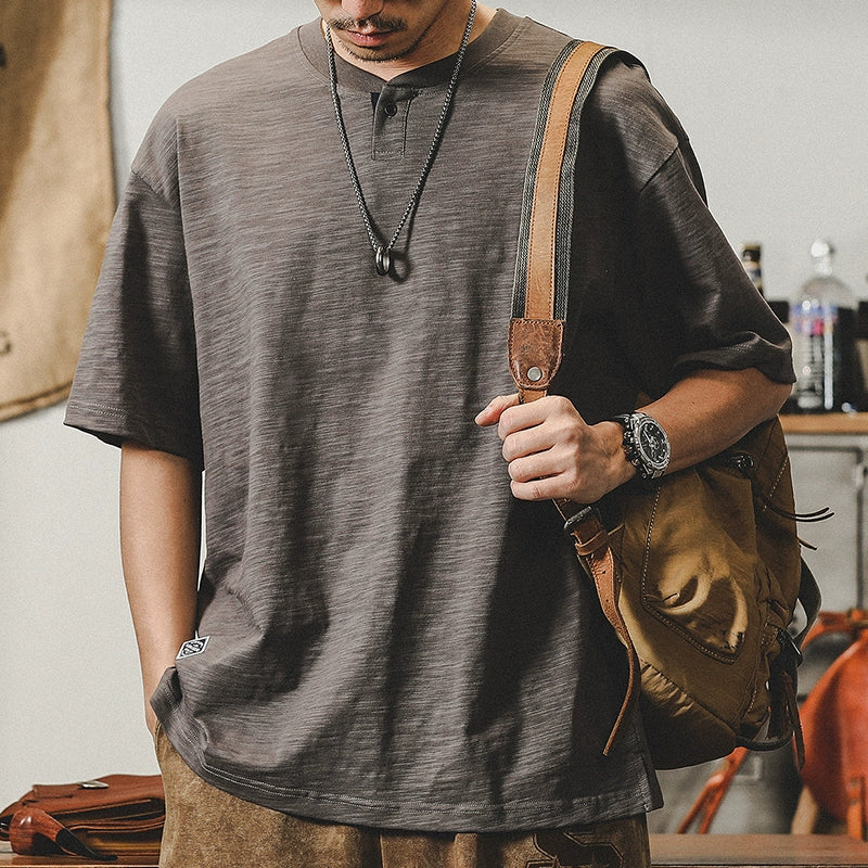 Jereno Retro Slub Plain Tough Guy Short Sleeve T-shirt