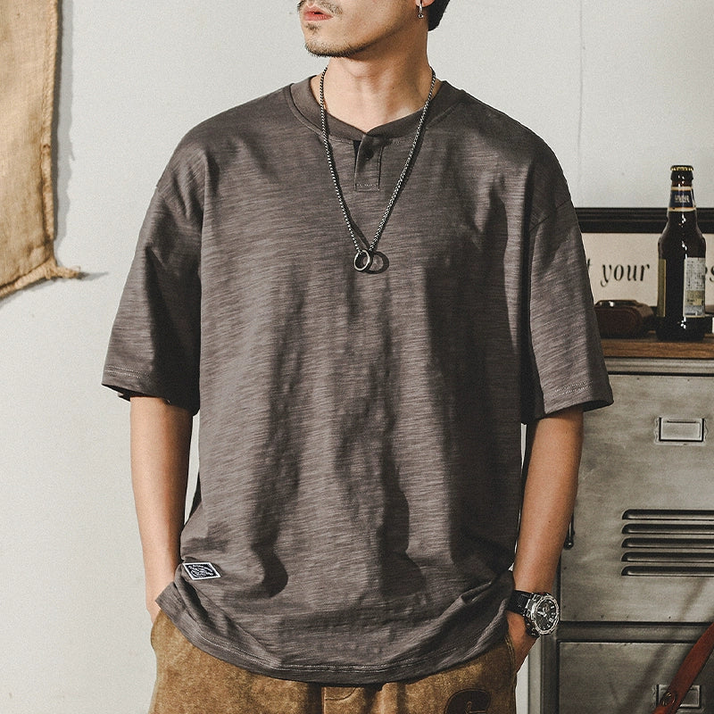 Jereno Retro Slub Plain Tough Guy Short Sleeve T-shirt