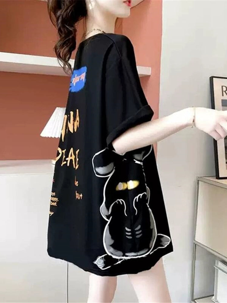Pure Cotton Short-Sleeved T-shirt High Street Mid Length Long Length All-Match Loose T-shirt European Goods Large Version Cartoon Rabbit Top Trendy Women