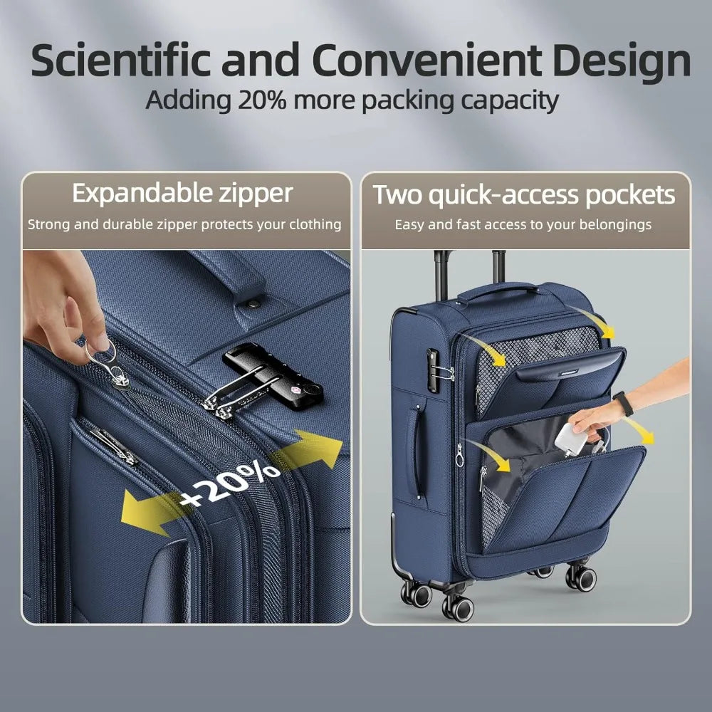 Luggage Sets 3 Piece Softside Expandable Lightweight Durable Suitcase Sets Double Spinner Wheels TSA Lock Blue (20in/24in/28in)