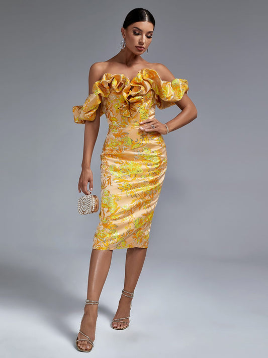Luxury Party Dress Women Elegant Bodycon Dress Gold Ruffle Midi Sexy Evening Birthday Club Outfit Summer Runway New Fashion