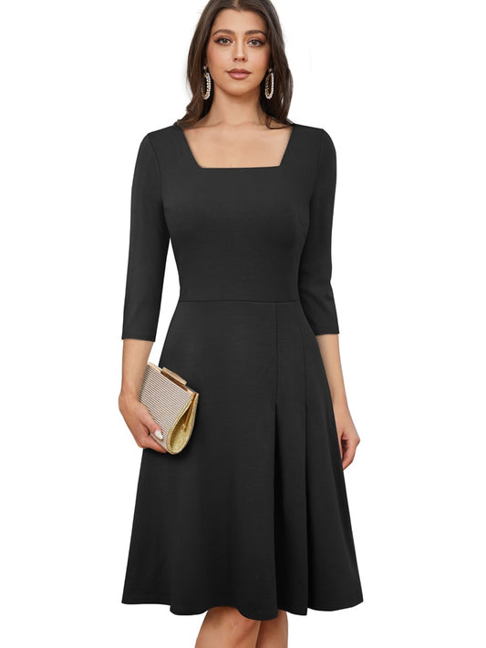 Nice-Forever Autumn Women Classy Pleated Plain Dresses Formal Business Elegant Flare Dress A318