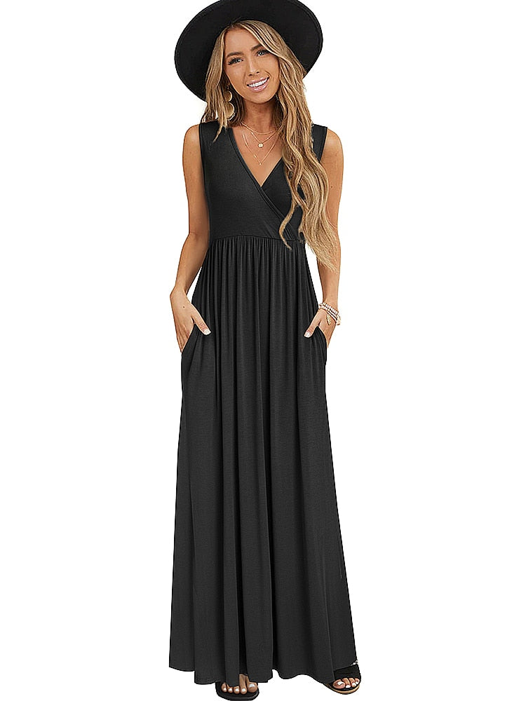 Nice-forever Summer Women Black Color Casual Dresses V-neck Maxi Long Flare Sun Dress btyA162