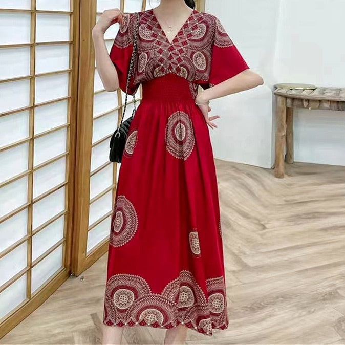 Casual Elegant Retro Style V-neck Tunic Large Swing Printed Dress Long Skirt
