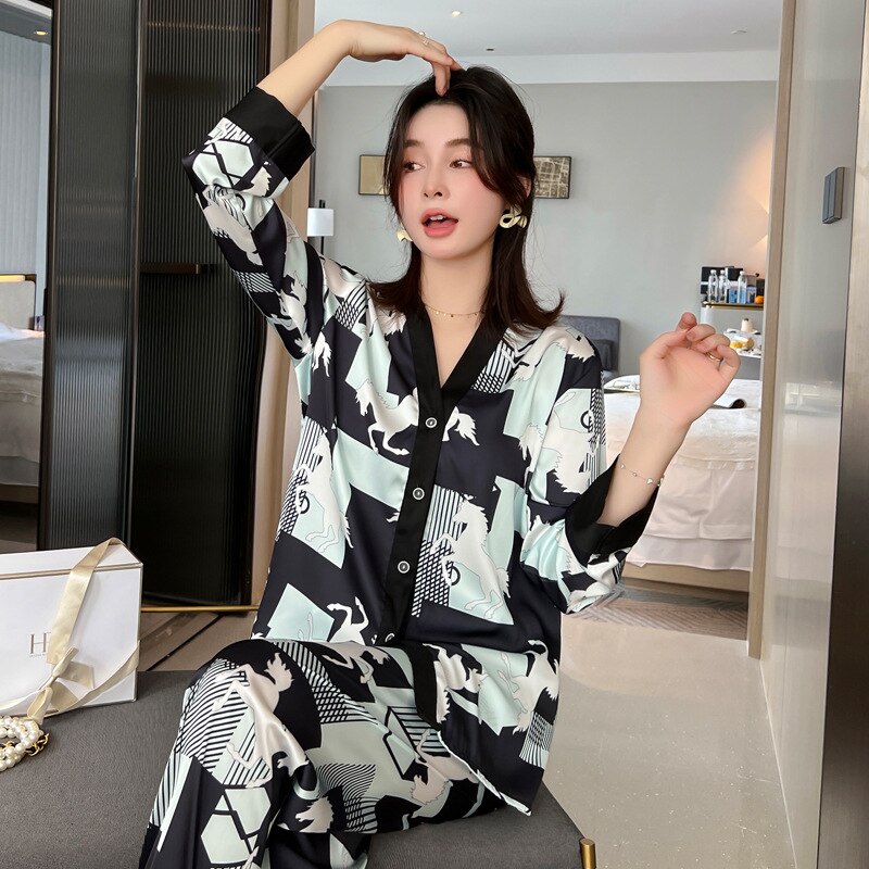 QSROCIO NEW Women's Pajamas Set Luxury Style Painting Print Sleepwear Satin Silky Touch Homewear V Neck Nightie Casual Home Suit
