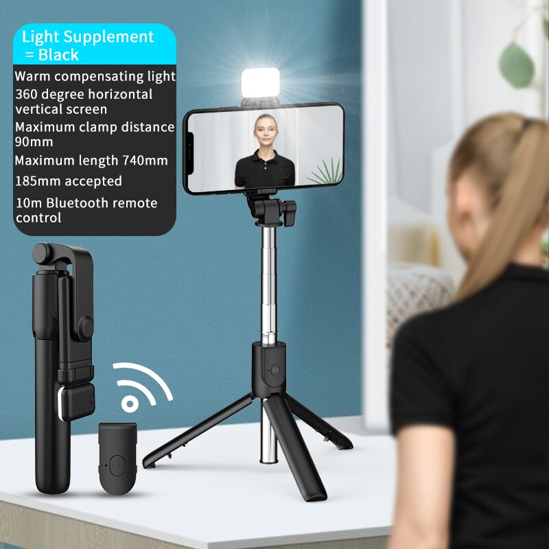 New Wireless Bluetooth Selfie Stick with Remote Control Shutter Retractable Mini Tripod Foldable with Fill Light Photo Live