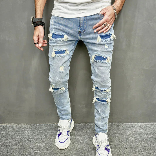 New Men Holes Casual Skinny Jeans Pants Streetwear Male Stylish Ripped Solid Hip Hop Slim Denim Trousers