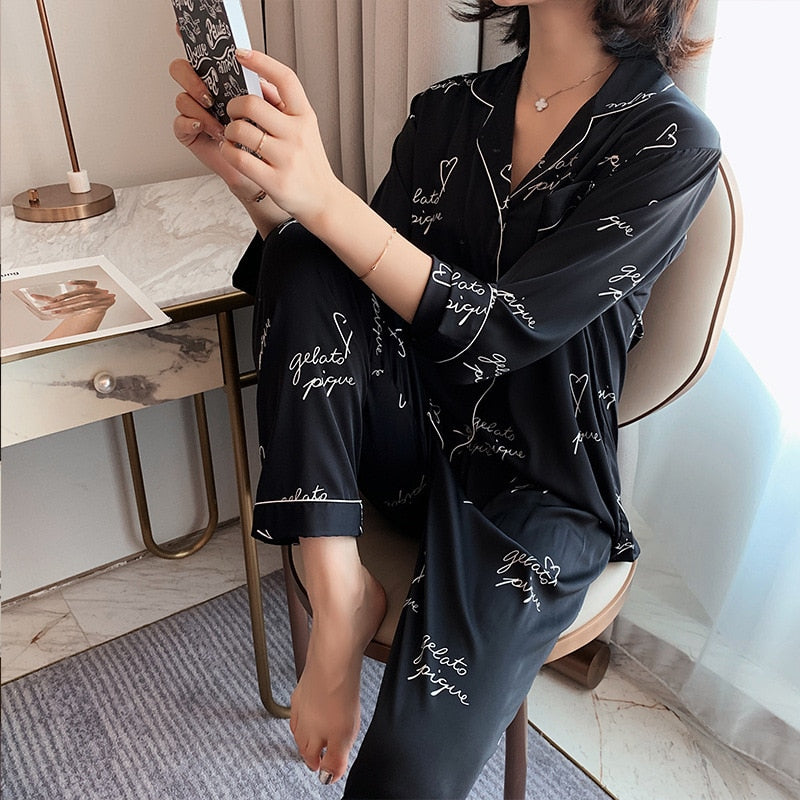 QSROCIO Simulation Silk Pajamas Women Summer Thin Long Sleeved Cardigan Two-piece Set Fashion Letter Printing Home Clothing