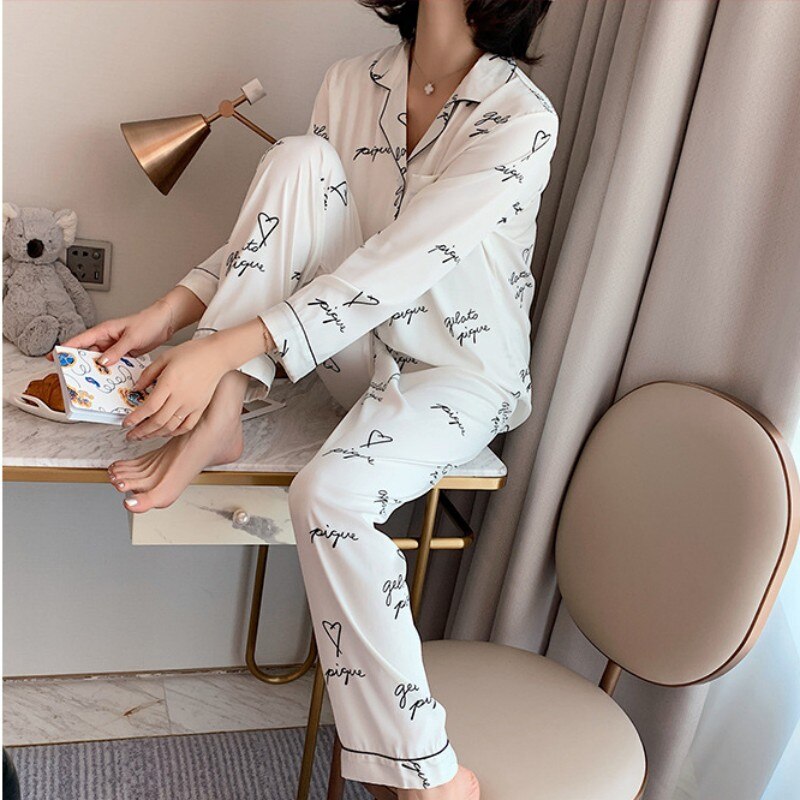 QSROCIO Simulation Silk Pajamas Women Summer Thin Long Sleeved Cardigan Two-piece Set Fashion Letter Printing Home Clothing
