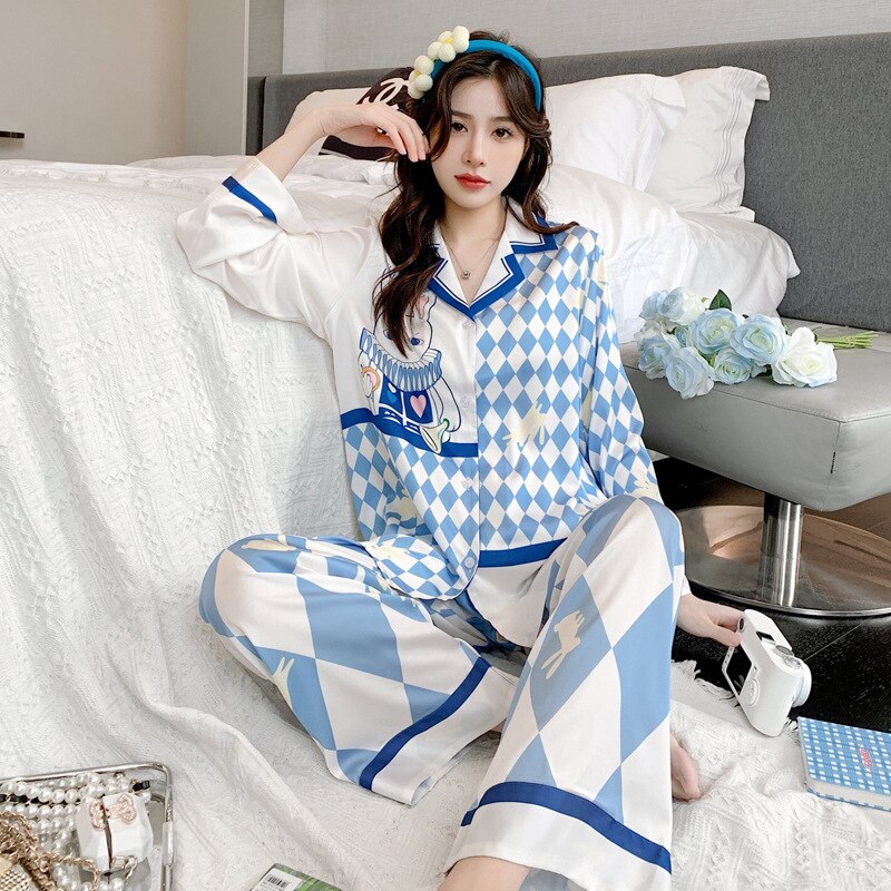 Pajamas Women's Ice Silk 2023 Spring New Long Sleeve Trousers Suit Cartoon Dream Rotating Carriage Home Wear