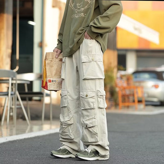 Men&#39;s Multi-pockets Cargo Pants 2022 Autumn Vintage Solid Color Hiphop Overalls Baggy Casual High Street Mopping Trousers