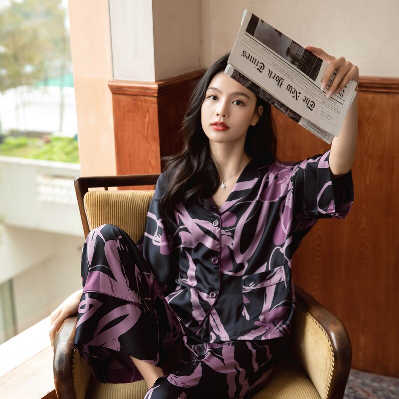 QSROCIO High Quality Women's Pajamas Set Floral Print Silk Like Sleepwear Loose Top Casual Fashion Homewear Nightwear Femme