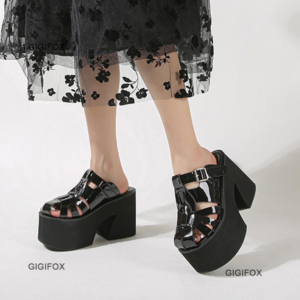 GIGIFOX Cover Toe Women Platform Chunky Heel Slides Sandals Slip On Cutout Goth Punk Style Casual Outdoor Mules Shoes Summer New