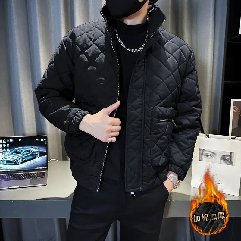 Light Luxury Winter Solid Color Puffer Parkas for Men Thickened and Warm Stand Collar Loose Casual Jackets Overcoat Men Clothing