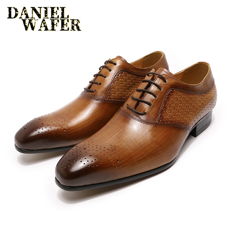 Luxury Mens Oxford Shoes Genuine Leather Prints Brown Black Lace-Up Pointed Toe Office Wedding Dress Formal Oxford Shoes for Men