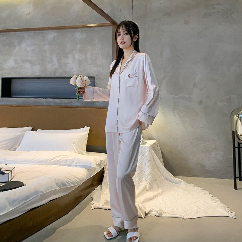 QSROCIO Women Solid Nightwear Spring Autumn Thin Long Sleeve Pant Two Piece Set Leisure Satin Silk Pajamas Fashion Home Clothing
