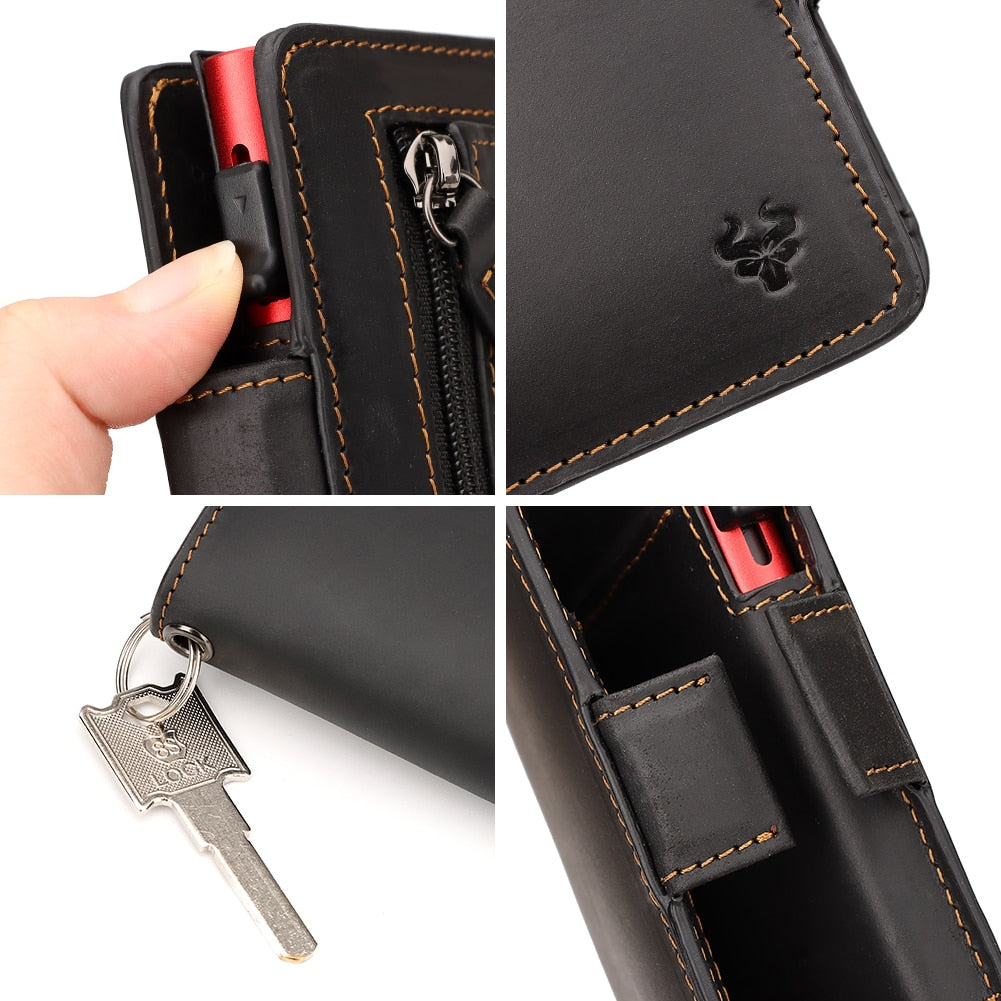 KAVIS Women Wallets Crazy Horse Leather Pop-Up Card Holder RFID Protect Credit Cardholder Ziper Coin Purse with Anti-theft Chain