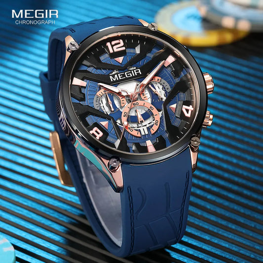 MEGIR Military Sport Quartz Watch Men Navy Blue Silicone Belt Waterproof Wristwatch with Date Chronograph Luminous hands 24-hour