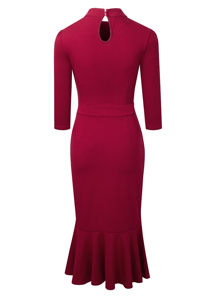 Nice-Forever Autumn Women Classy Stand Collar Plain Dresses Formal Party Elegant Mermaid Dress B741