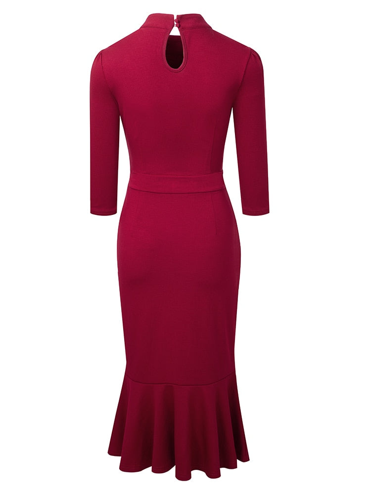 Nice-Forever Autumn Women Classy Stand Collar Plain Dresses Formal Party Elegant Mermaid Dress B741
