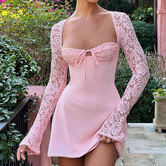 Y2k Women Tie-up Corset Dress Lace Patchwork Long Sleeve Mini Dress Sexy Low Cut Backless A-line Dresses for Cocktail Party