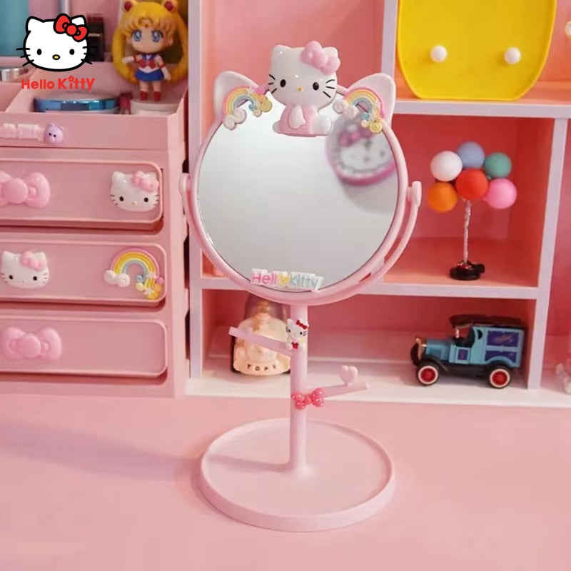 Kawaii Hello Kitty Portable Cartoon Folding Mirror Desk Mirror Round Desk Girl Cute Dressing Mirror Makeup Mirror Handle Mirror