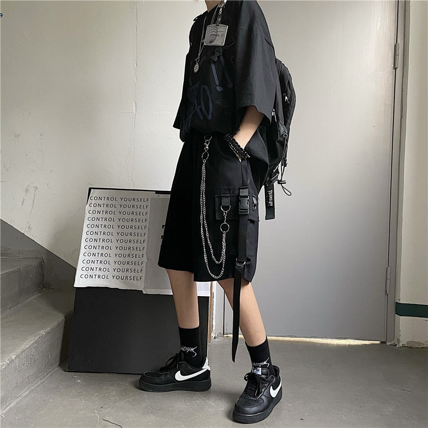 2022 Men&#39;s Cargo Shorts Summer Mens Black Ribbons Shorts Hip Hop Chain Streetwear Casual Male Sportswear Shorts Homme Clothing