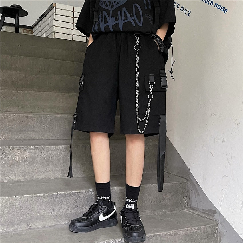 2022 Men&#39;s Cargo Shorts Summer Mens Black Ribbons Shorts Hip Hop Chain Streetwear Casual Male Sportswear Shorts Homme Clothing